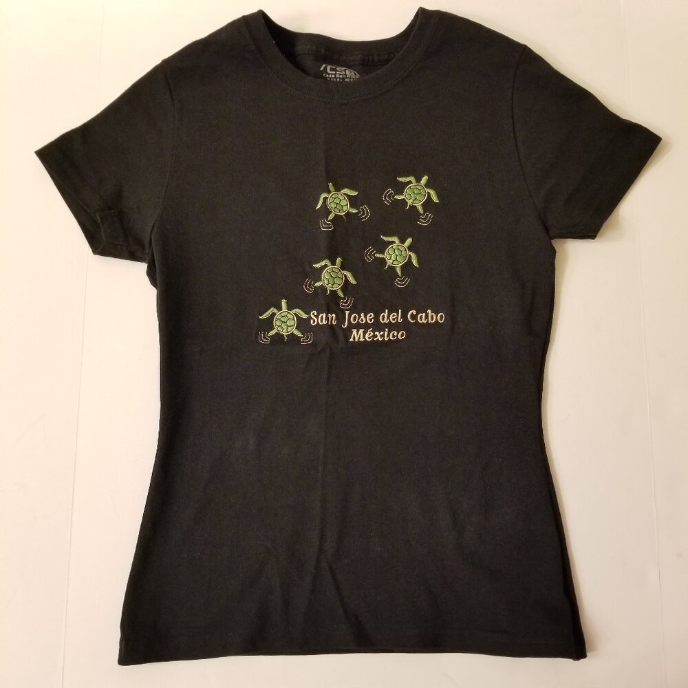 ✅San Jose Del Cabo Mexico Embroidered Green Turtles Original Blk Cotton T-shirt
